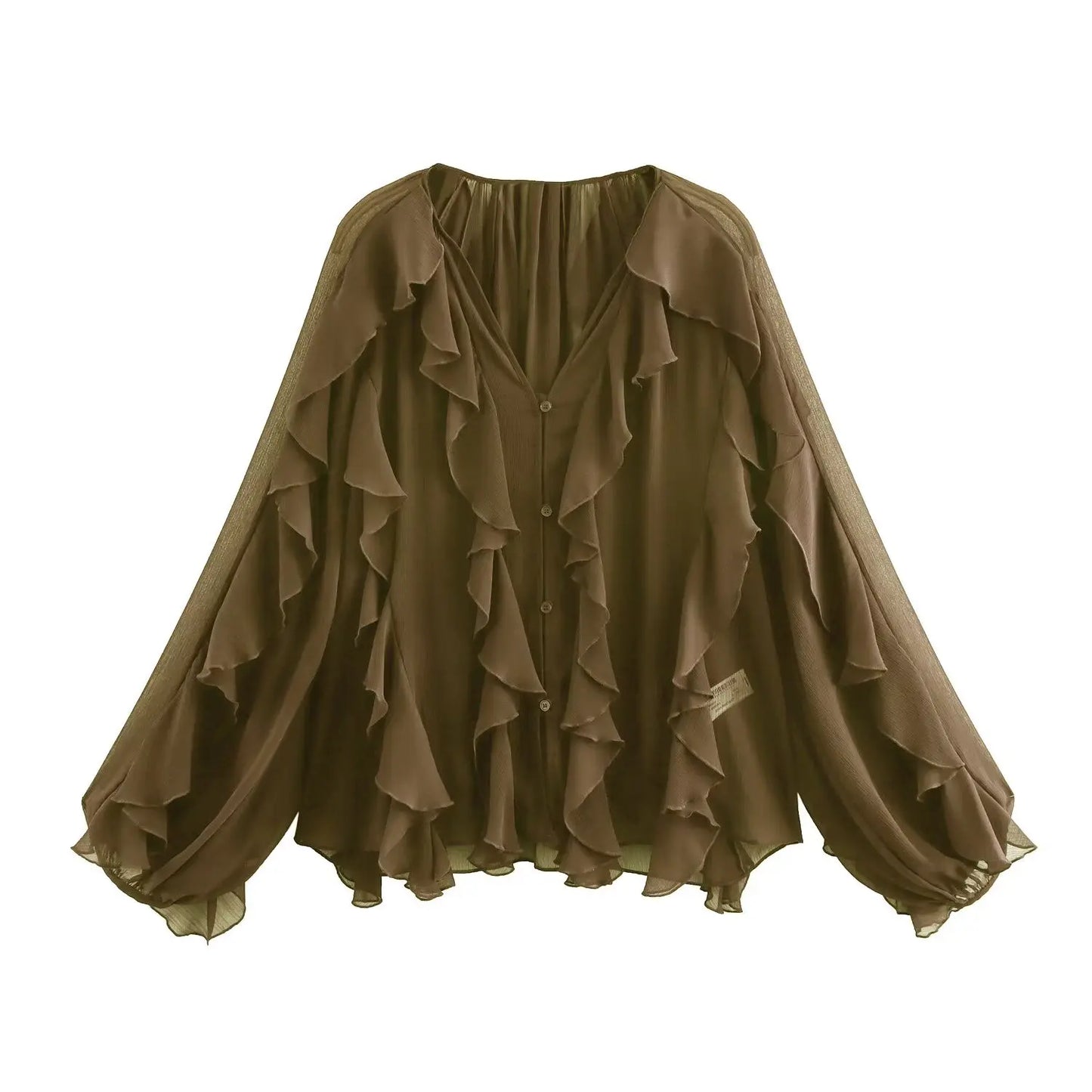 Senara Flared Ruffle Blouse – Feminine V-Neck Shirt in Claret, Green, Cream & Black
