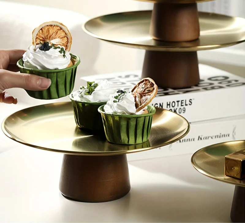 Stainless Steel Cake Stand with Wooden Base – Gold & Silver Display Riser for Dessert Tables, Weddings & Parties