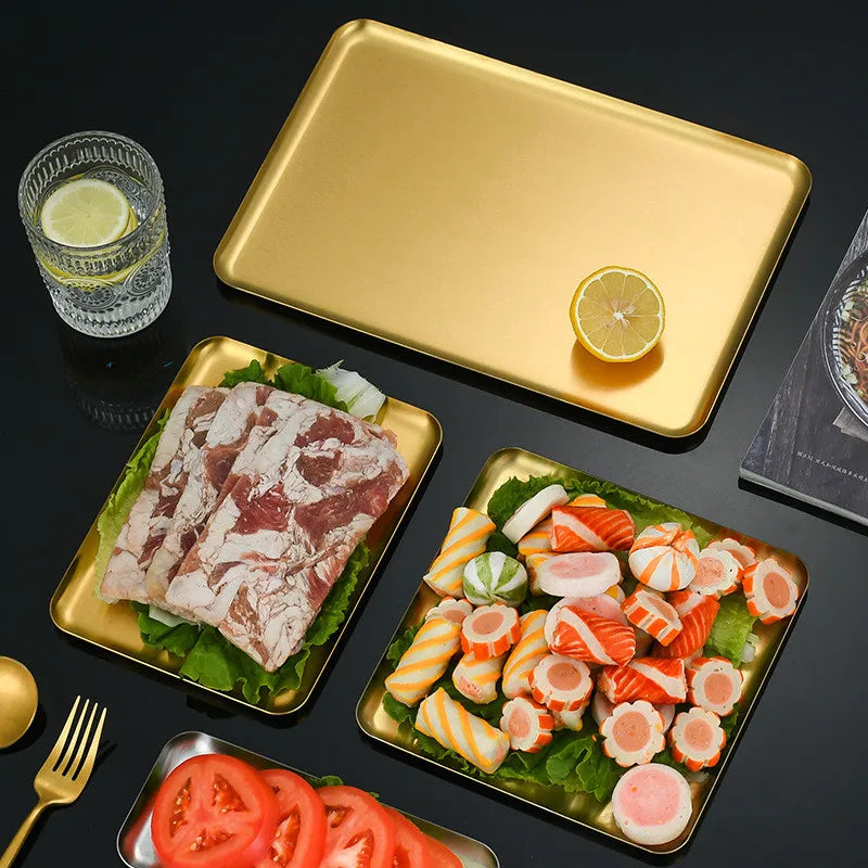 Gold & Silver Stainless Steel Baking/ Serving Tray Set – Flat Oven Roasting Pans