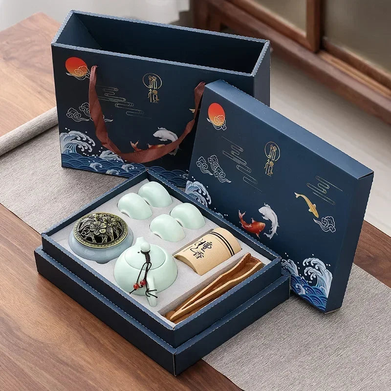Ceramic Tea Set Gift Box with Teapot & Cups – Portable Travel Tea Brewing Kit