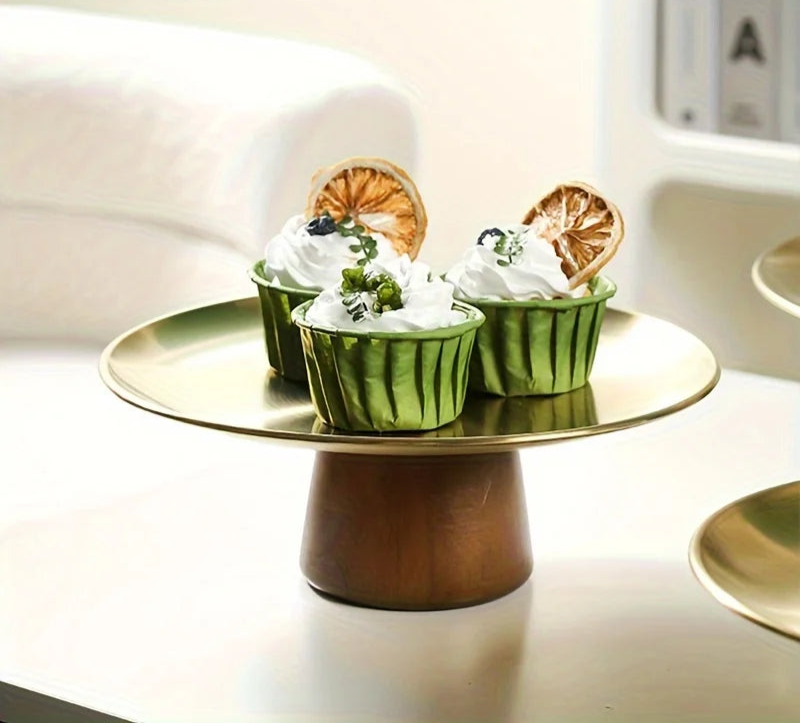 Stainless Steel Cake Stand with Wooden Base – Gold & Silver Display Riser for Dessert Tables, Weddings & Parties