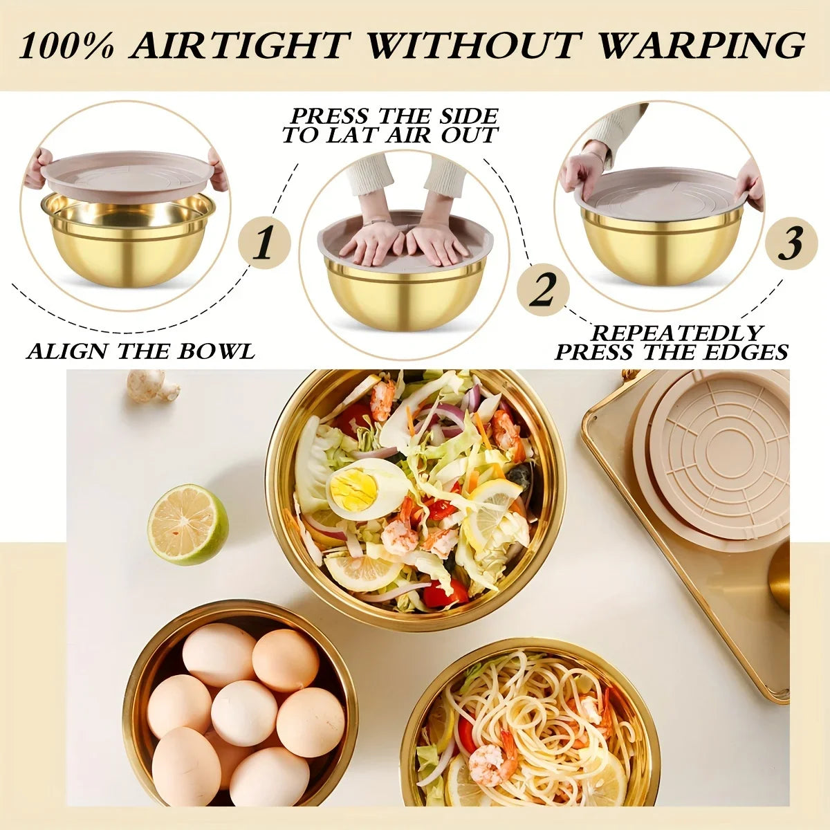 Gold Stainless Steel Mixing Bowls Set with Lids & Graters – 5 Piece Kitchen Food Prep, Salad & Baking Bowls