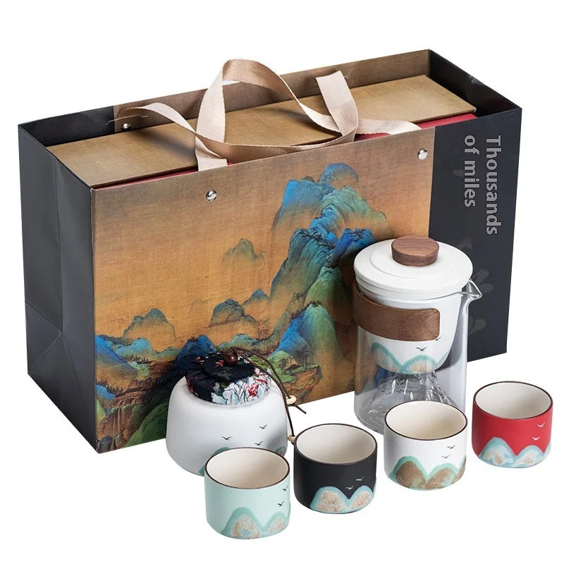 Hand-Painted Mountain Ceramic Tea Set with Tea Holder – 6-Piece Teapot & Four Cups Gift Box