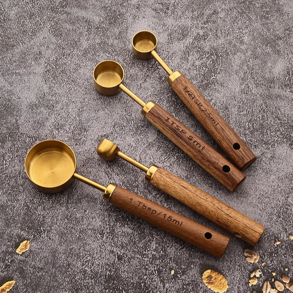Wooden Handle Measuring Cups and Spoons Set - Stainless Steel Kitchen Baking Tools in 1Pc, 4Pcs or 8Pcs Silver, Black or Gold