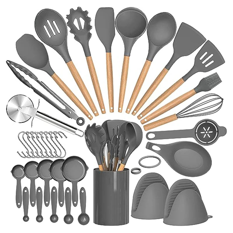 36-Piece Silicone Kitchen Utensil Set with Holder – Heat-Resistant Cooking Tools in Black, Beige or Grey