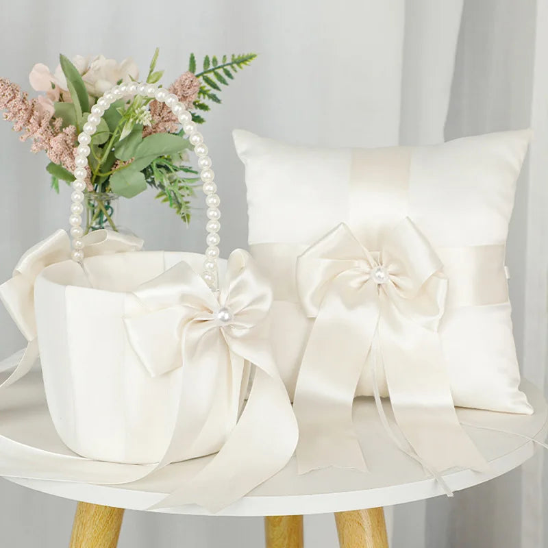 Ivory Satin Flower Girl Basket & Ring Cushion Set – Wedding Ceremony Accessories with Pearl Handle & Bow Detail