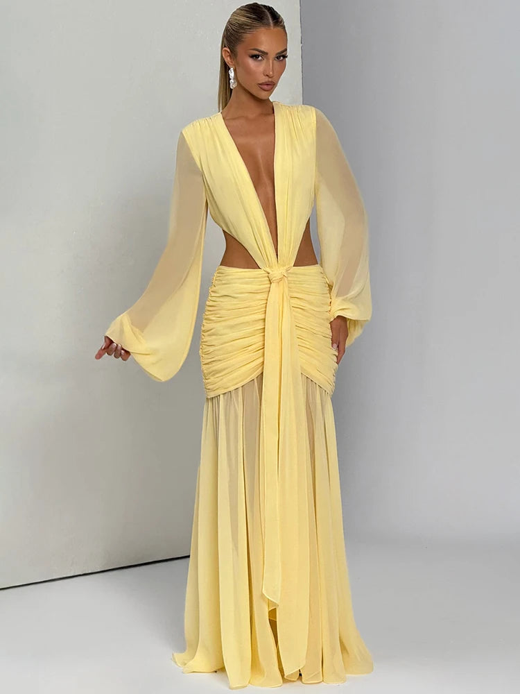 Zanisse Long Sleeve Plunge Maxi Dress – Backless Ruched Evening Gown for Elegant Occasionwear, Parties & Wedding Guest Outfits