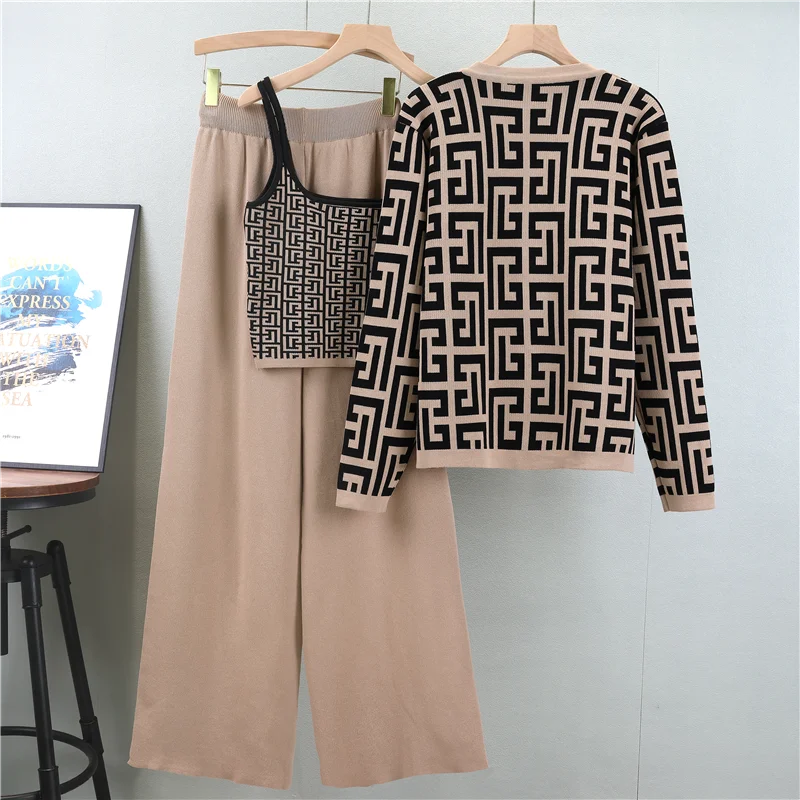 Bold 3-Piece Knit Co-ord Set with Geometric Pattern & Gold Buttons
