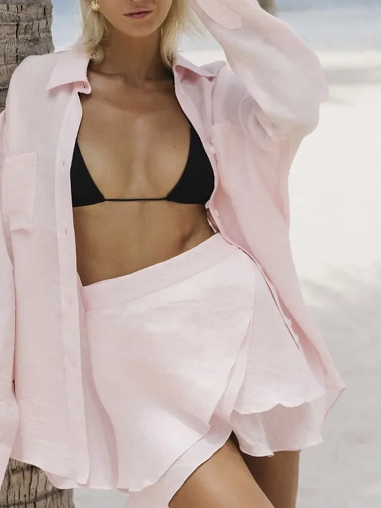 Naomi Summer Beach Co-Ord Set – Long Sleeve Button-Up Shirt and Mini Skirt Two Piece Outfit