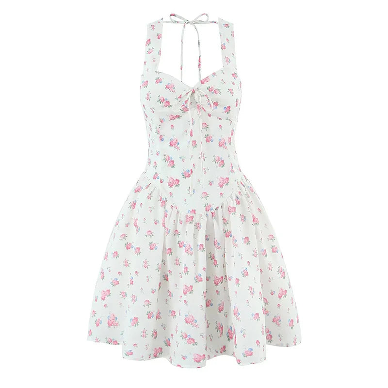 Lorina White Floral Corset Mini Dress – Sweetheart Babydoll Summer Sundress with Tie Straps