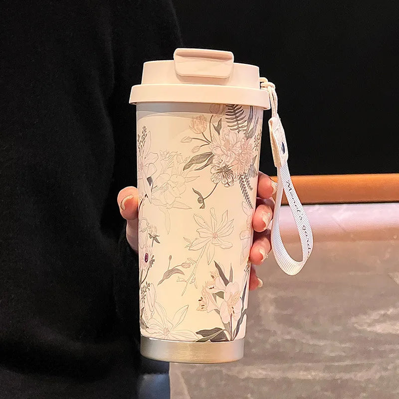 Floral Stainless Steel Travel Cup with Lid & Strap – Double Wall Insulated Coffee & Tea Tumbler 500ml