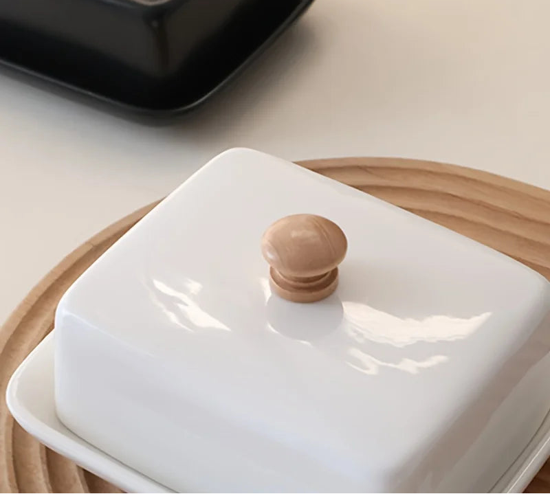 Black & White Ceramic Butter Dish with Wooden Handle – Rectangular Covered Butter Keeper for Kitchen & Dining