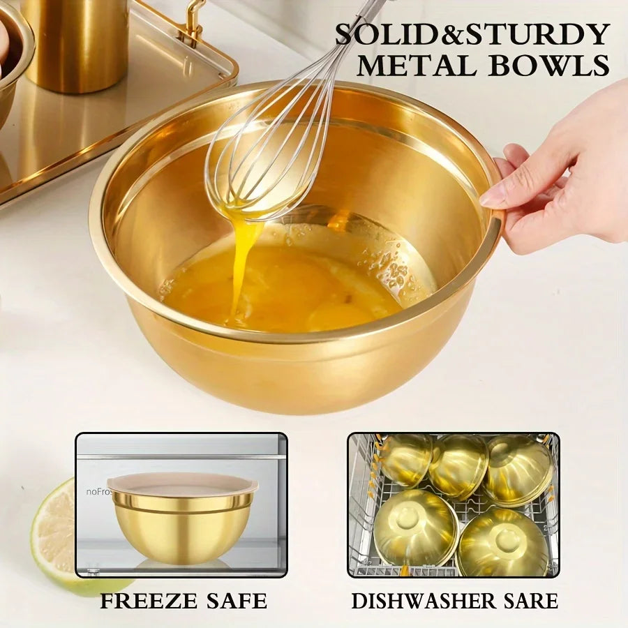 Gold Stainless Steel Mixing Bowls Set with Lids & Graters – 5 Piece Kitchen Food Prep, Salad & Baking Bowls