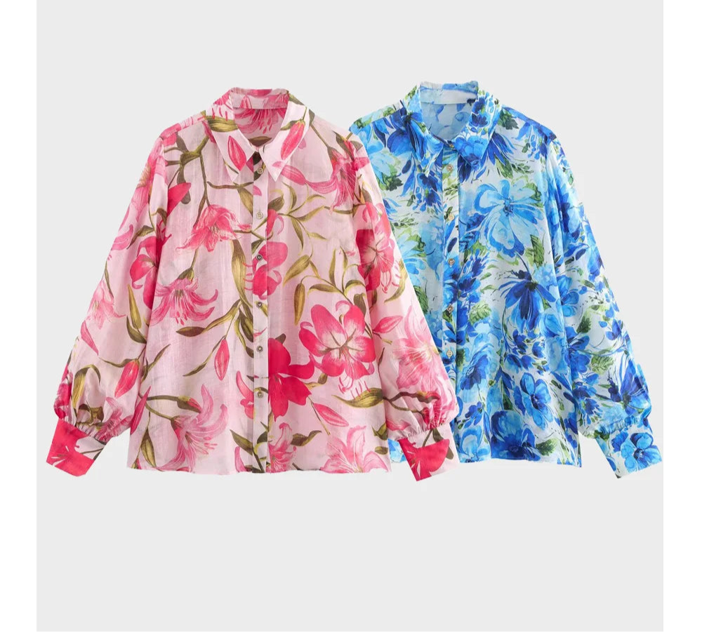 Arietta Floral Print Blouse – Long Sleeve Lightweight Shirt in Pink or Blue
