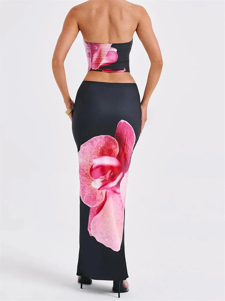 Solenne Two-Piece Floral Print Co-Ord – Strapless Bandeau Crop Top & Maxi Skirt Set in Pink Orchid Print