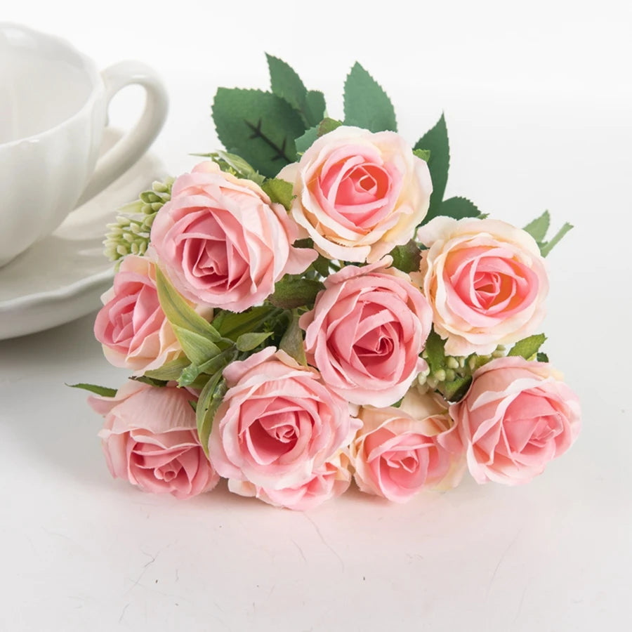 Silk Rose Flower Bouquet – 10 Stem Decoration for Vases, Weddings & Home Styling