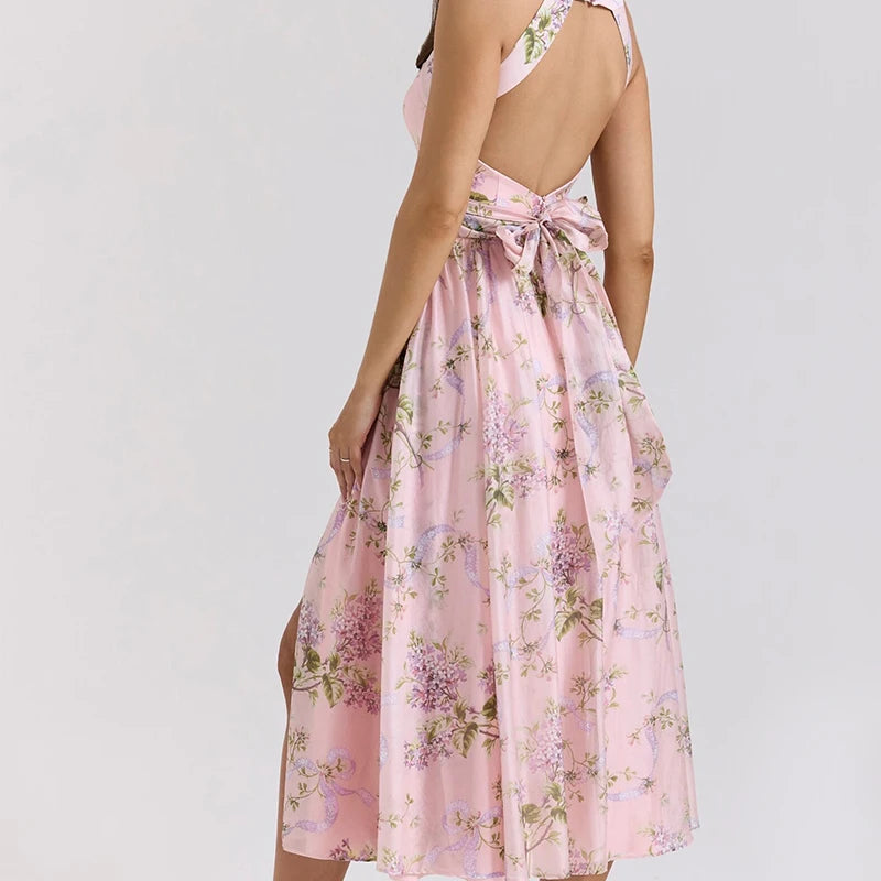 Liliora Halter Corset Midi Dress in Pink Lilac Ribbon Print – Summer Floral Occasion Dress with Side Split and Bow Back