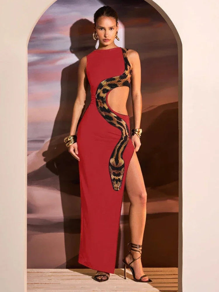 Virela Sleeveless Snake Print Cut-Out Bodycon Dress – Summer Party Dress with Side Slit