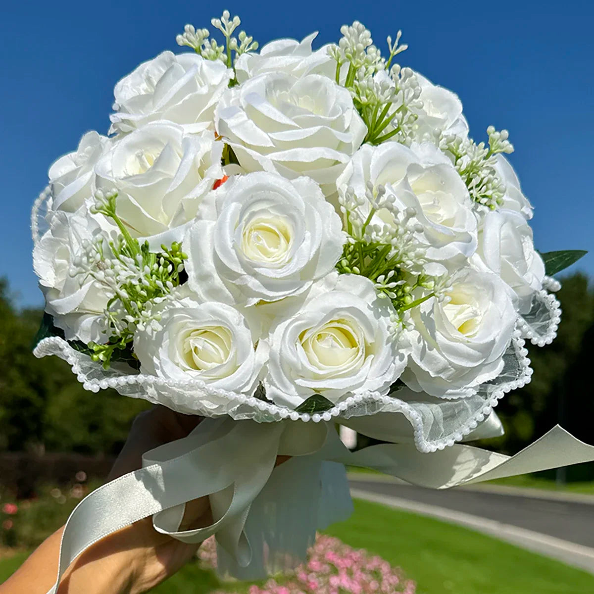 Elodie Peach and Ivory Rose Bridal Bouquet – Wedding Flowers with Pearl Trim