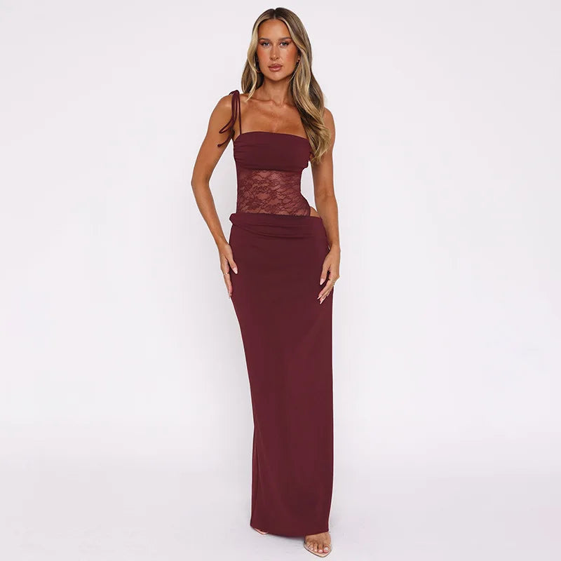 Soraya Tie-Strap Lace Bodysuit Maxi Dress – Black, Burgundy or Yellow Holiday & Occasion Dress
