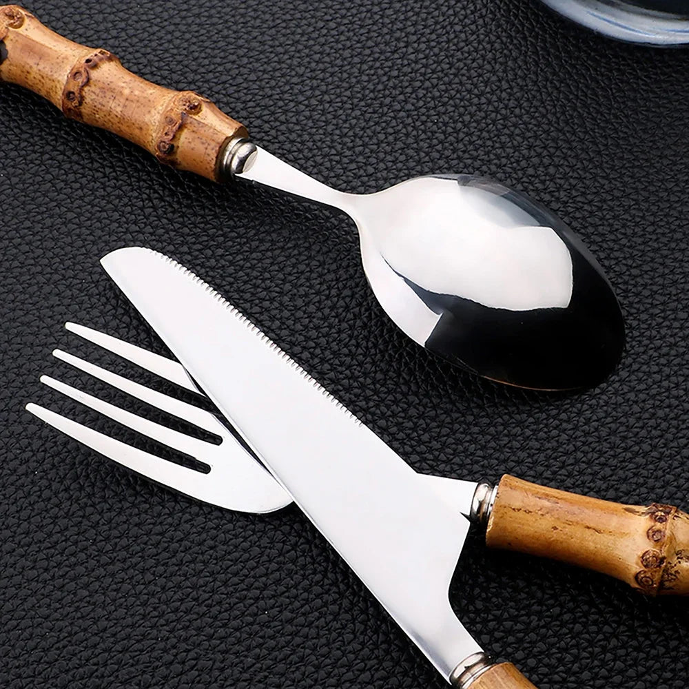 24-Piece Bamboo Handle Cutlery Set – Stainless Steel Knife Fork Spoon Flatware in Gold & Silver