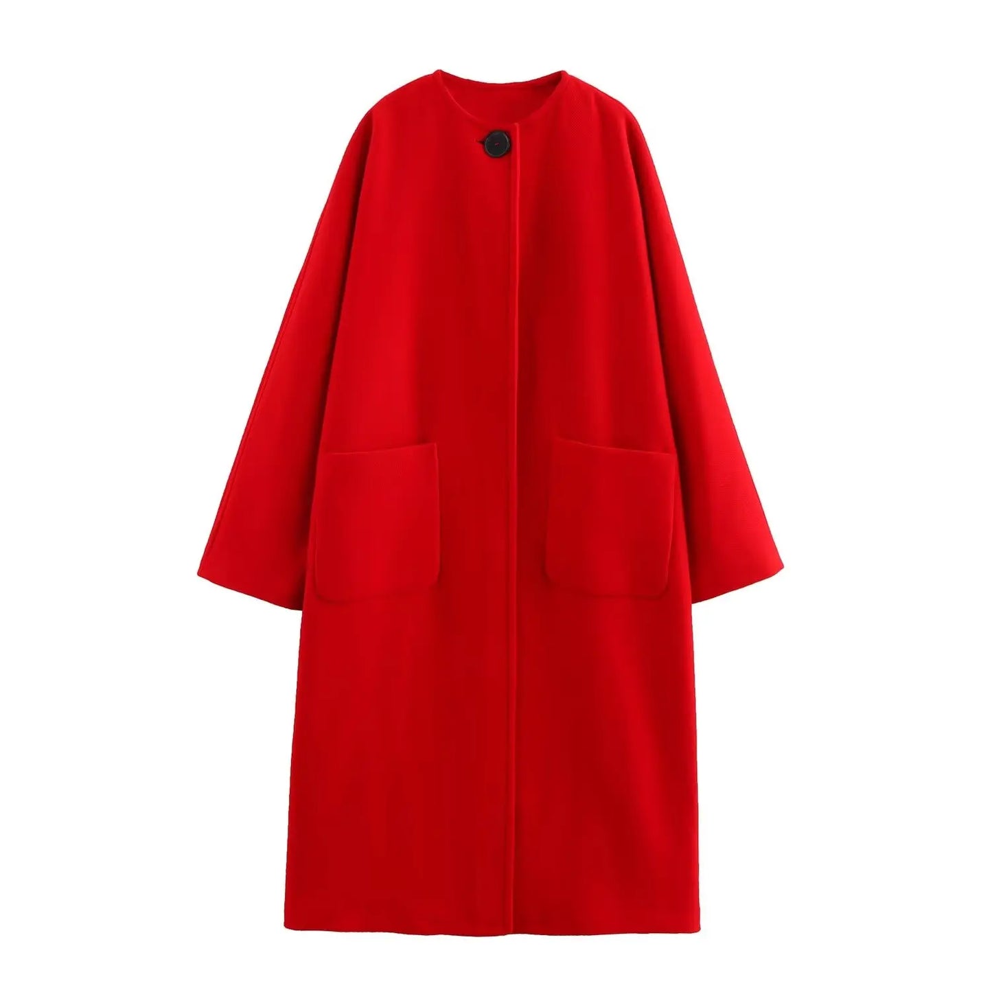 Velmira Oversized Red Maxi Coat – Single Button Statement Outerwear with Pockets