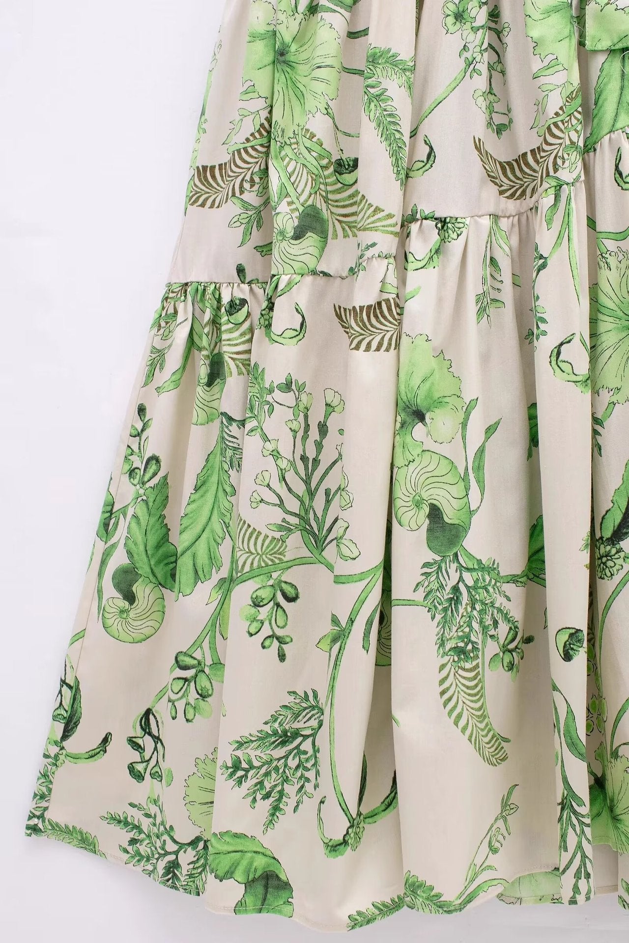 Botanique Belted Shirt Dress – Short Sleeve Button-Down Tiered Maxi with Leaf Print