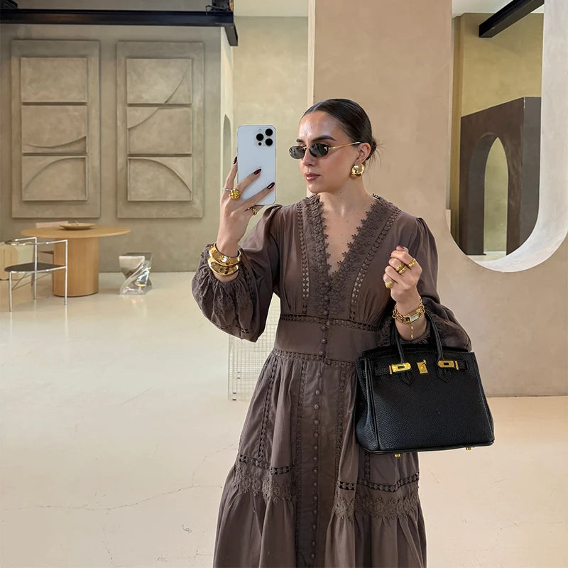 Marisol Long Sleeve Embroidered Maxi Dress – Elegant V-Neck Boho Day Dress in White, Mocha & Black