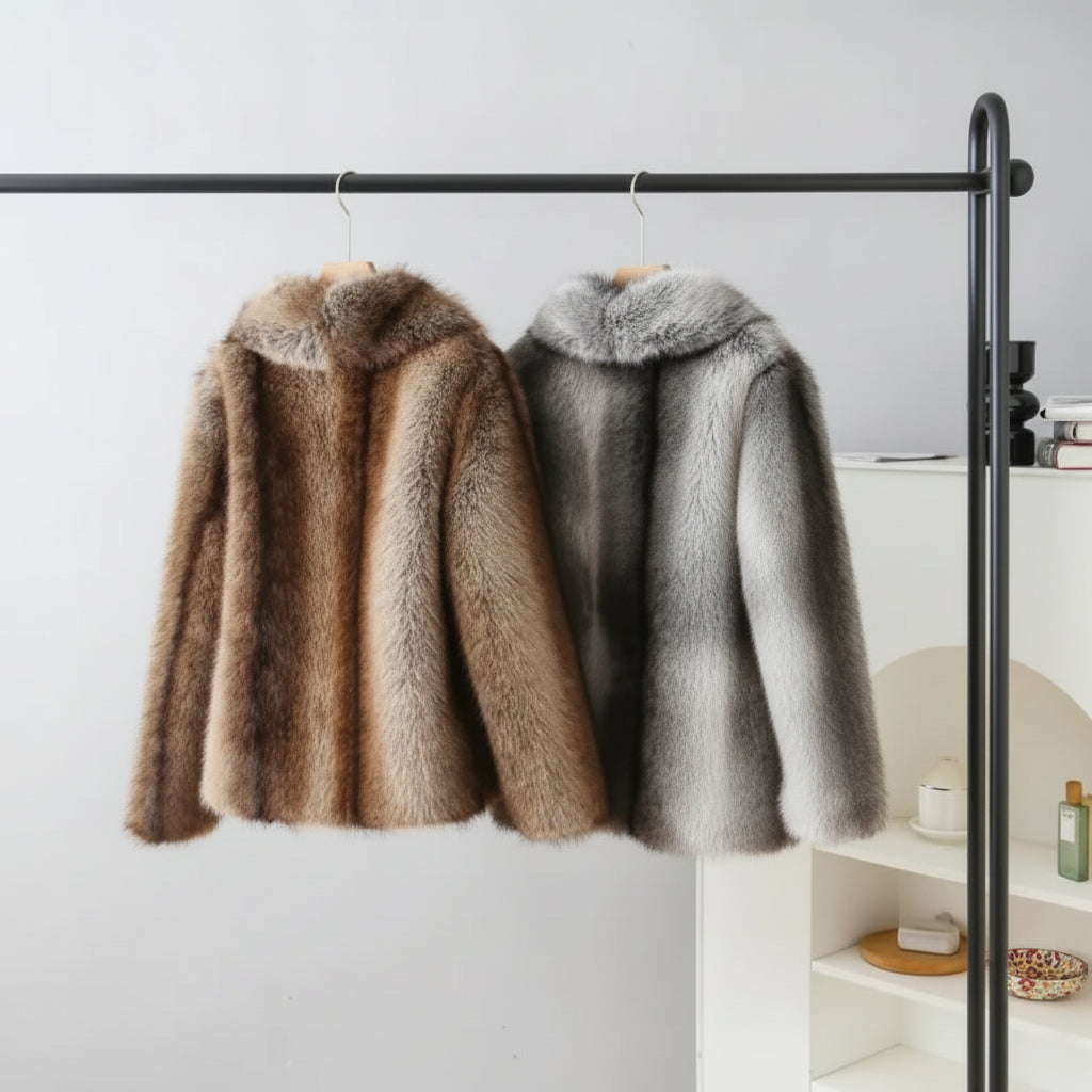 Marenza Long Plush Faux Fur Coat – Women’s Luxury Striped Faux Fox Jacket for Winter Daywear and Evening Partywear