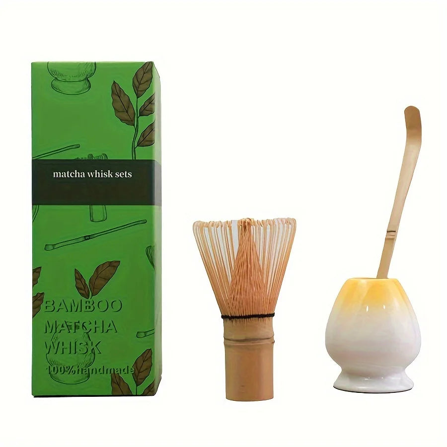 Bamboo Matcha Whisk & Scoop Set – 3-Piece Japanese Tea-Making Kit with Ceramic Holder