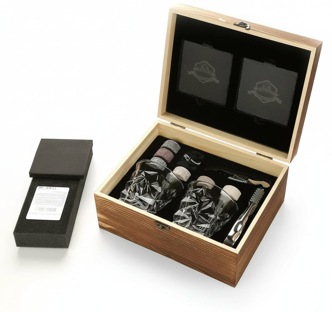 Signature Whisky Stones & Crystal Glass Gift Set in Wooden Box – Chilling Stones, Tongs & Premium Whisky Tumblers