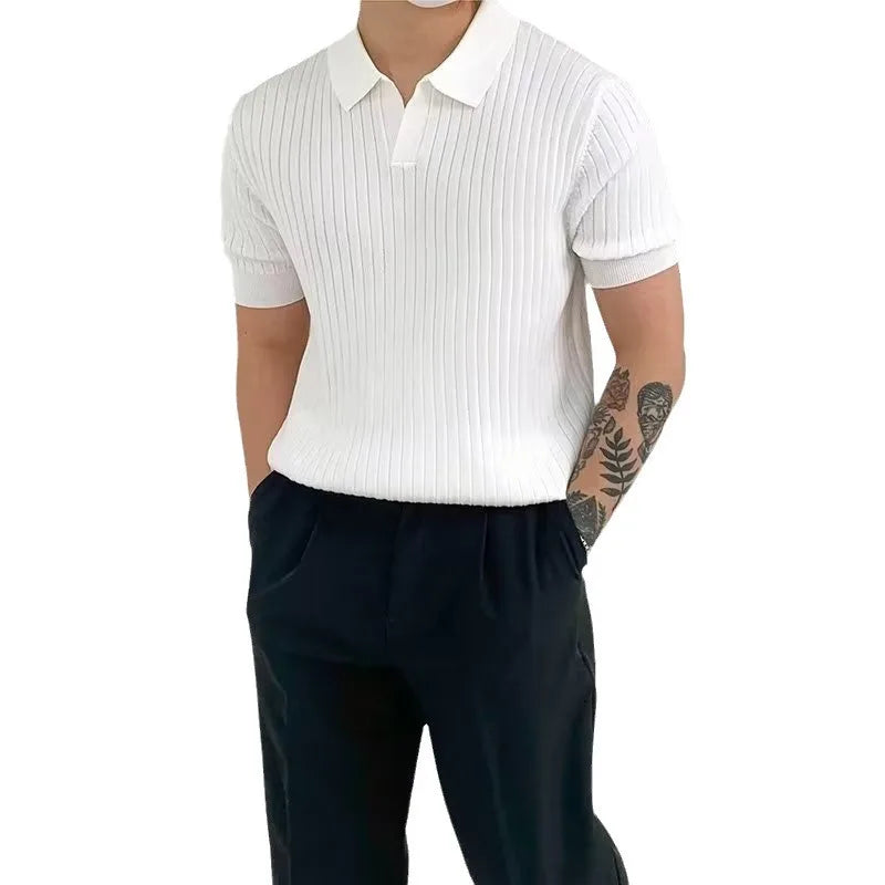 Men’s White Knitted Polo Shirt – Slim Fit Ribbed Short Sleeve Top