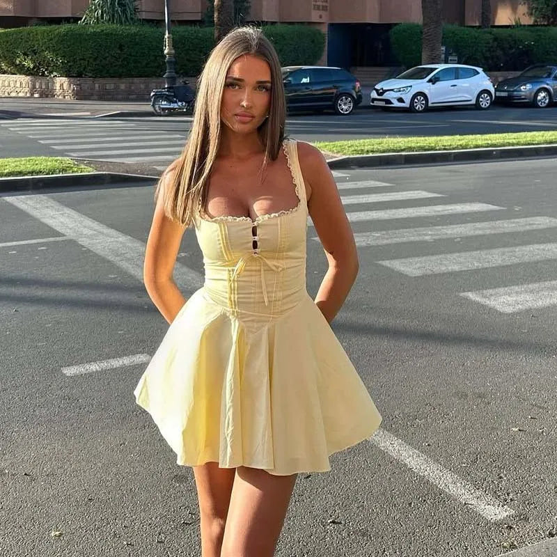 Sorvella Corset Skater Dress with Lace Trim – Baby Blue, White, Pale Yellow or Black Fit and Flare Mini Dress
