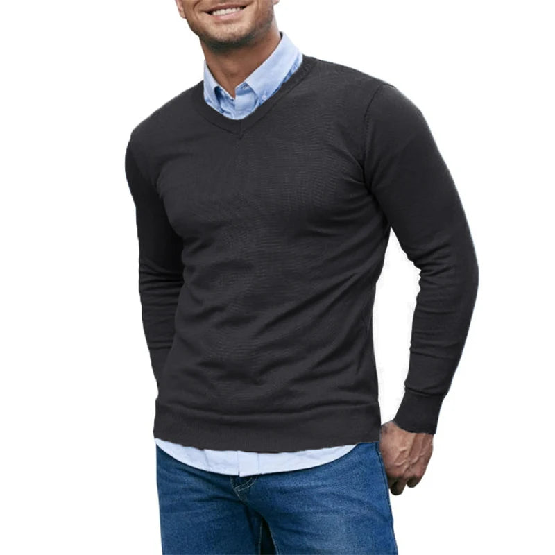 Men’s Slim Fit V-Neck Jumper – Lightweight Long Sleeve Knit Sweater for Autumn & Winter in Navy, Wine Red, Beige, Brown, Black, White, Grey