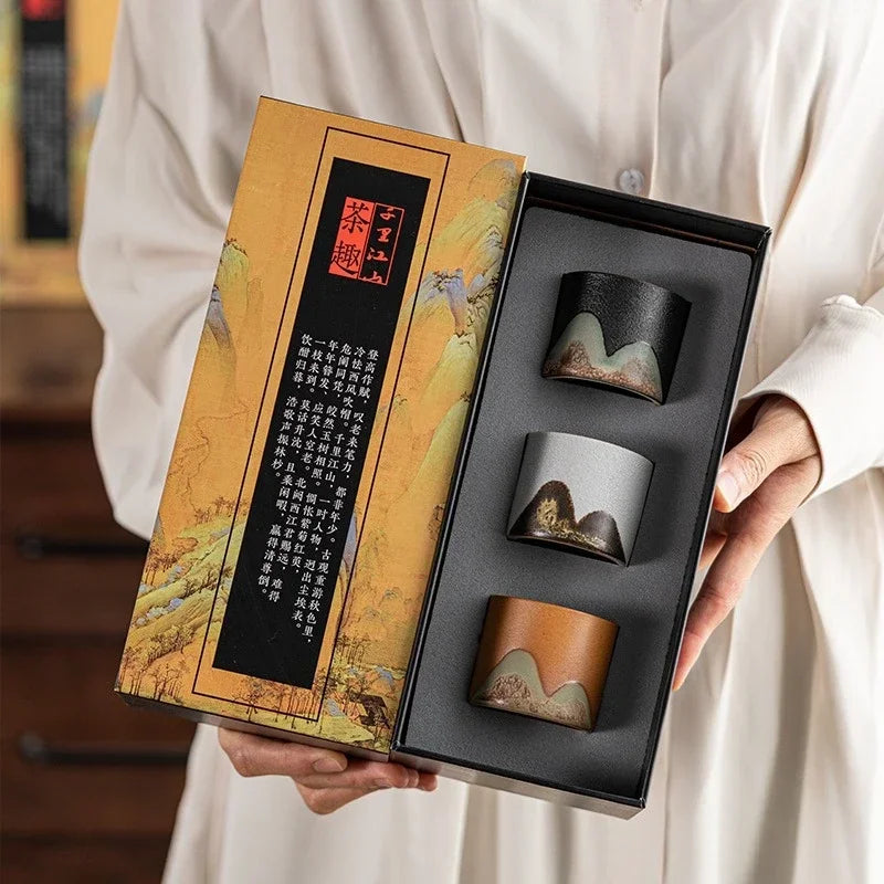 Mountain Landscape Ceramic Tea Cup Gift Set – 3-Piece Handmade Cups with Traditional Art Gift Box