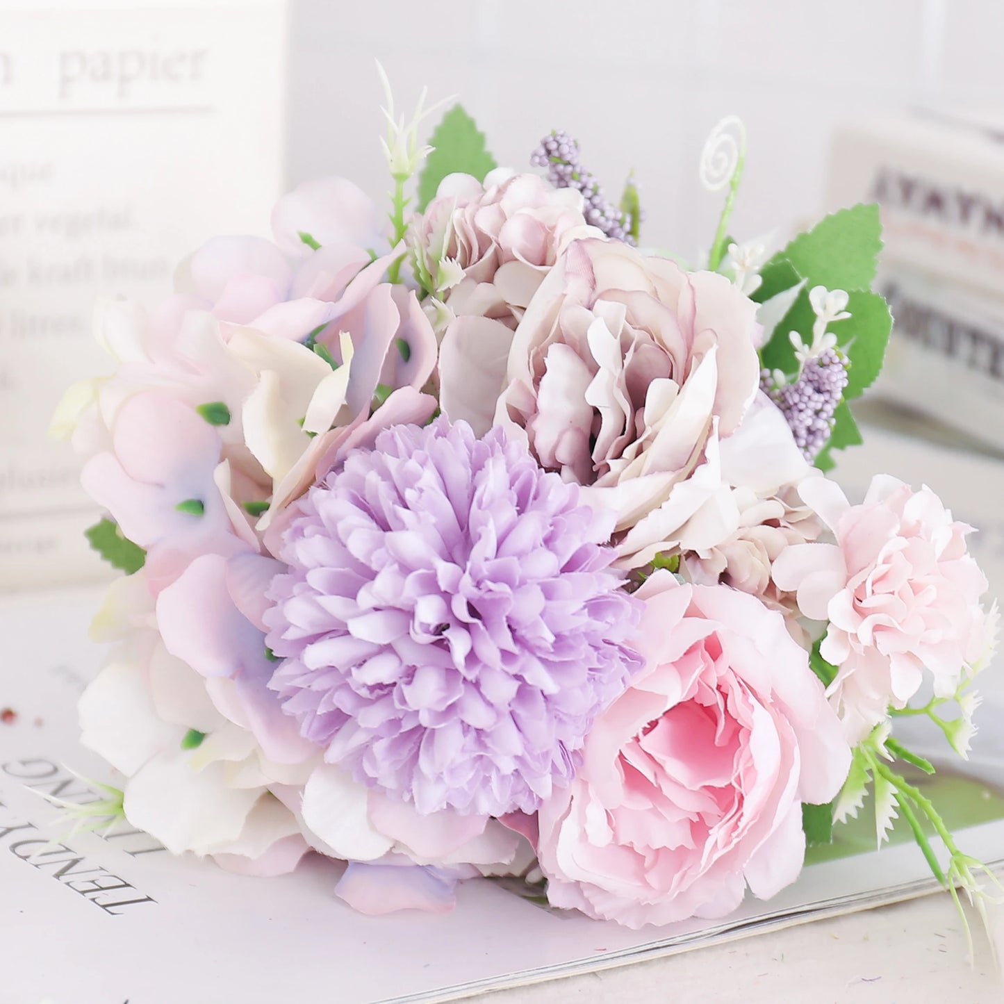 Blush Rose & Hydrangea Flower Bouquet – Pink Faux Floral Centrepiece for Home Decor