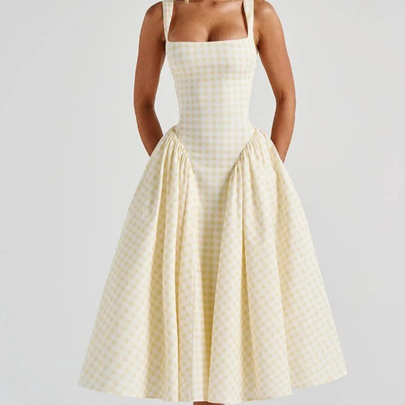Soleina Pink or Yellow Gingham Midi Dress – Pretty Summer Day Dress with Fitted Bodice and Full Skirt