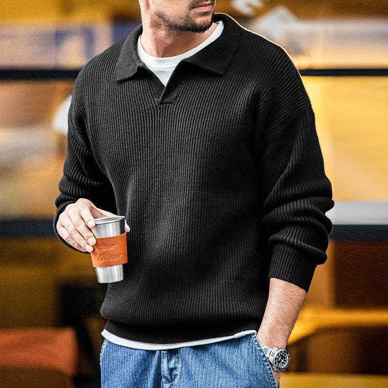 Knitted Polo Sweatshirt – Relaxed Fit Ribbed Collar Jumper