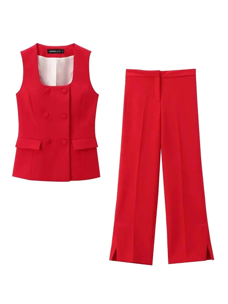 Stylish Red Two-Piece Trouser Suit with Sleeveless Blazer and Wide-Leg Trousers