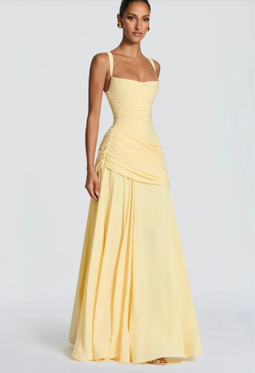 Carmela Ruched Draped - Yellow Maxi Dress