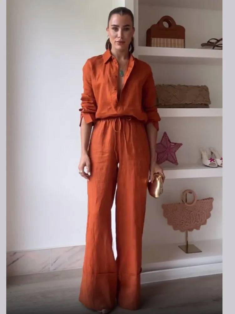 Maribel Burnt Orange Co-Ord Set – Button-Up Shirt and Wide-Leg