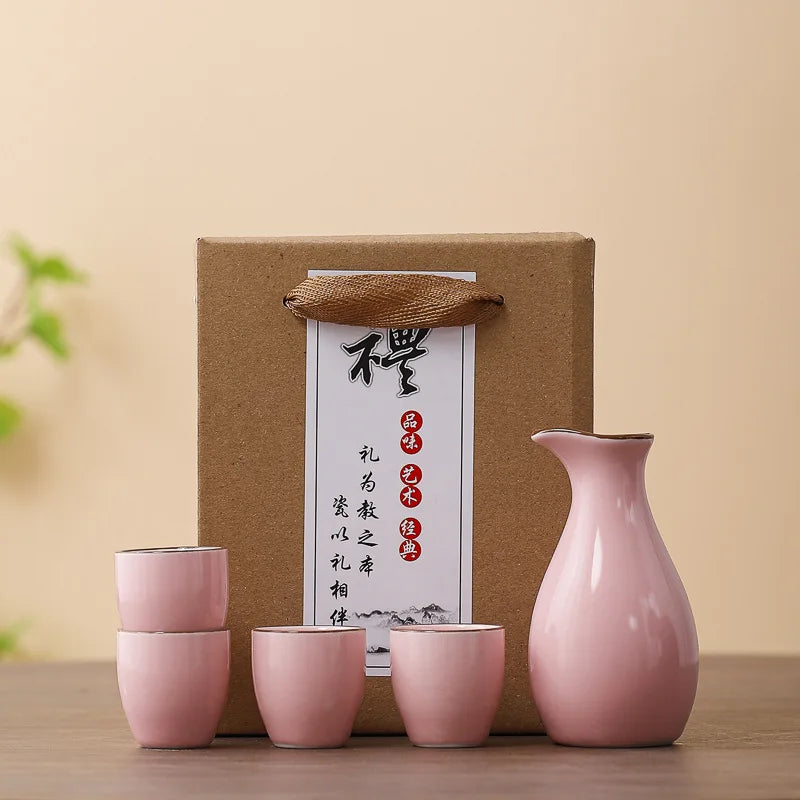 Sakura Blossom Ceramic Sake Gift Set – 5 Piece Sake Carafe and Cup Set