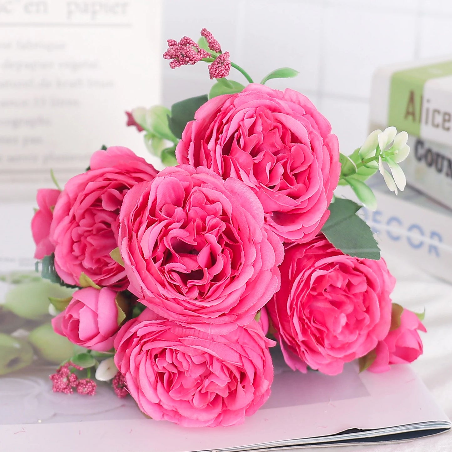 Blush Rose & Hydrangea Flower Bouquet – Pink Faux Floral Centrepiece for Home Decor
