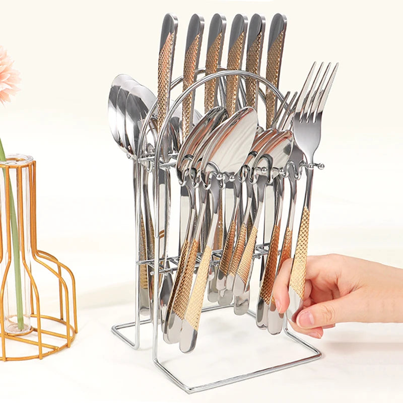 24-Piece Stainless Steel Cutlery Set with Stand – Gold & Silver Knife, Fork, Spoon Flatware Set for Dining