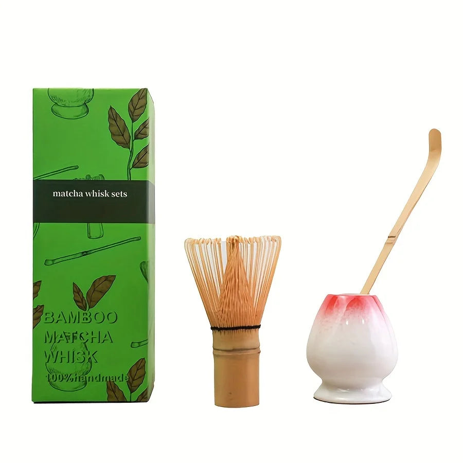 Bamboo Matcha Whisk & Scoop Set – 3-Piece Japanese Tea-Making Kit with Ceramic Holder