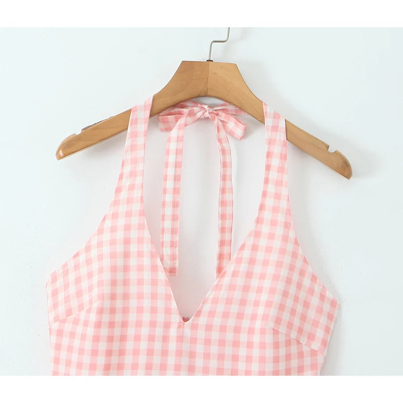 Lilienne Pink Gingham Halter Neck Midi Dress – Summer Picnic Party Dress with Open Back