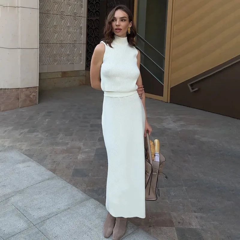 Elvire Sleeveless Knit Co-Ord Maxi Set – Yellow, Green, Red, White, Brown or Black Ribbed High Neck Two-Piece Dress