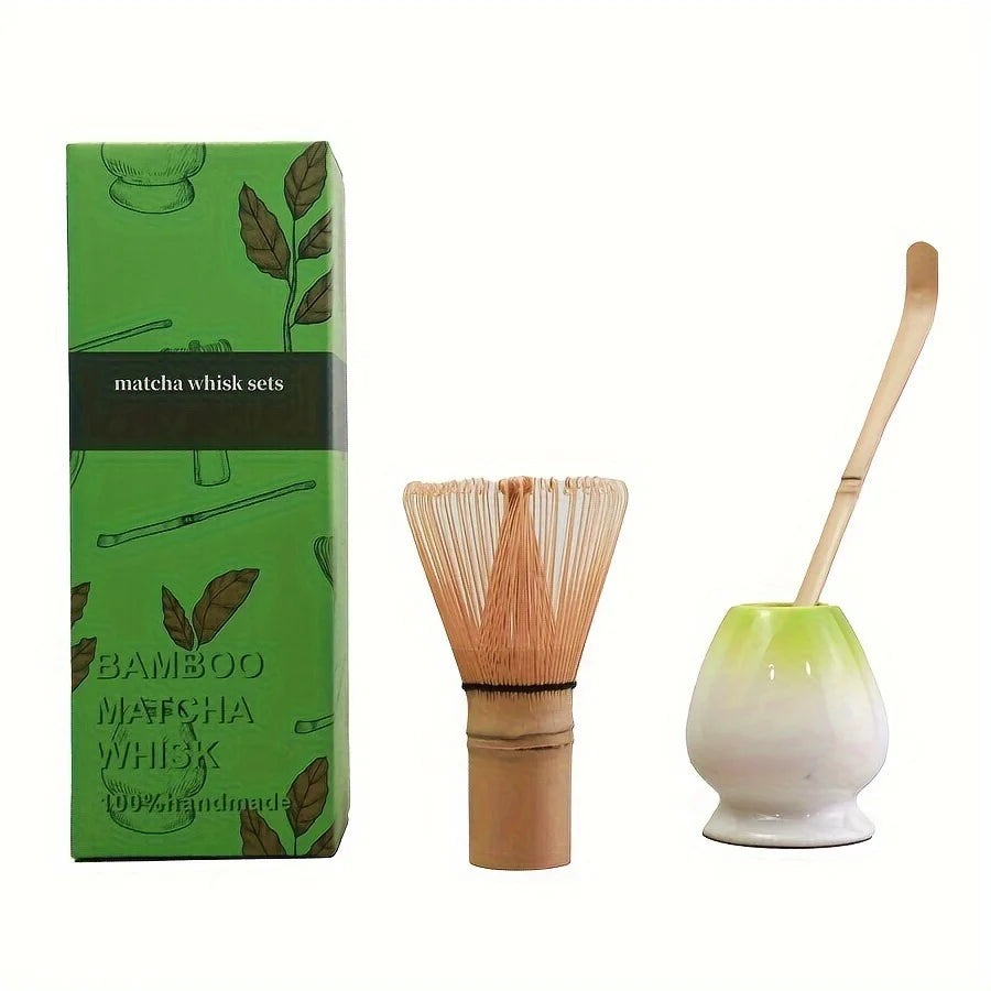 Bamboo Matcha Whisk & Scoop Set – 3-Piece Japanese Tea-Making Kit with Ceramic Holder