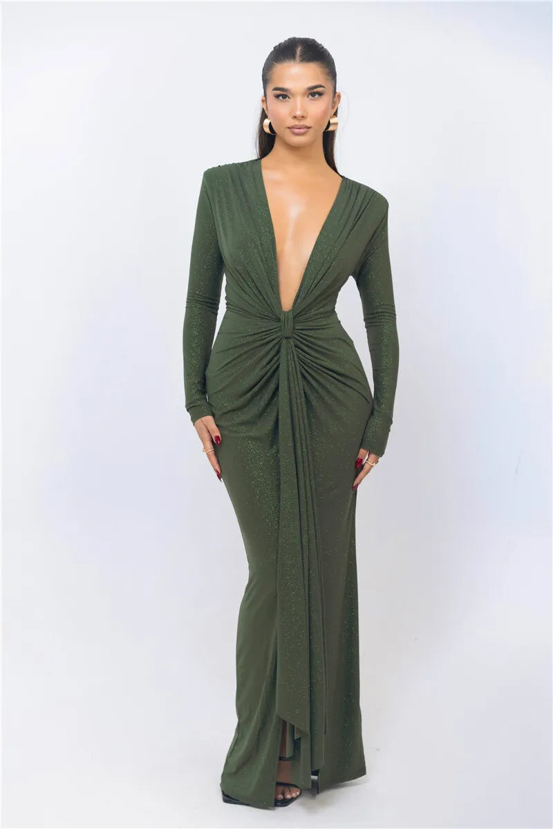 Elira Deep Plunge Glitter Maxi Dress – Long Sleeve Ruched Formal Gown for Special Occasions & Evening Glam