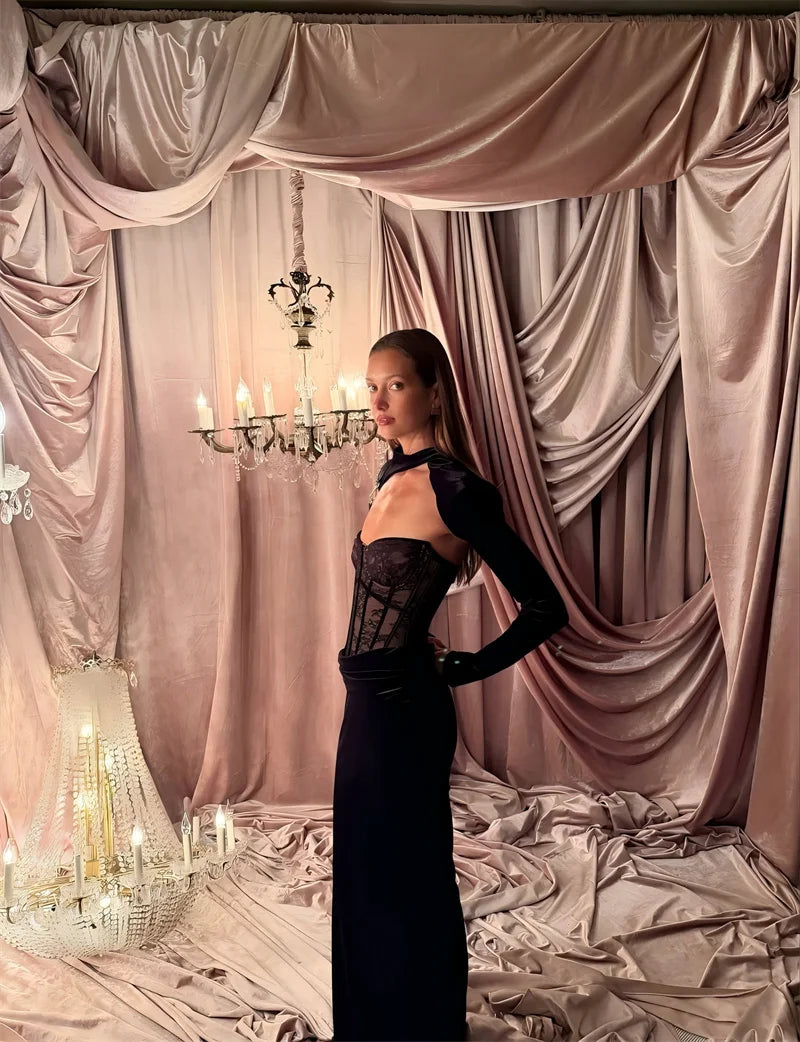 Marcheline Lace Corset Maxi Evening Gown with Detachable Shrug – Two-Piece Strapless Occasion Dress